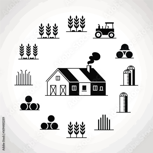 Farm icons vector illustration circle arrangement scalable eps graphic design agriculture rural life silhouette vector white background