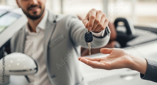 Man handing car keys to another person in a dealership