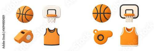 Basketball sports equipment set featuring ball, hoop, whistle, and jersey for game, competition, and athletic concepts