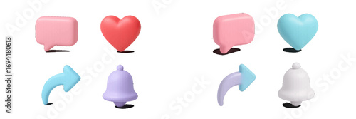 Social media communication icons set with hearts, speech bubbles, arrows, and notification bells