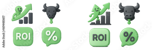 Conceptual symbols of business growth and financial success with rising charts, bull market trends, and return on investment indicators
