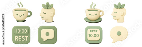 Set of 3D icons for mental health and wellness including a tea cup, calm mind, rest timer, and speech bubble for relaxation and mindfulness apps
