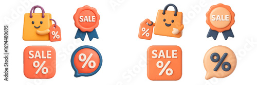 Collection of 3D shopping icons for sales and promotions featuring cute character bags, discount percentage tags, and sale badges isolated on a white background
