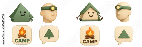 3D camping icon set with cute tent character, headlamp, campfire, and tree symbol for outdoor adventure and hiking