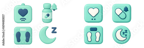 3D health and wellness icon set for mobile app UI including heart rate, sleep tracker, medicine reminder, and weight scale