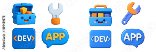 3D icon set for app development and software engineering with cute toolbox character, wrench, and coding symbols