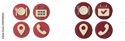 Restaurant reservation symbols for online booking with food, calendar, location pin, and phone call elements for web and mobile apps