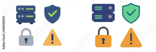 Server data security and protection symbols featuring a padlock, shield, and warning signs for web and mobile applications