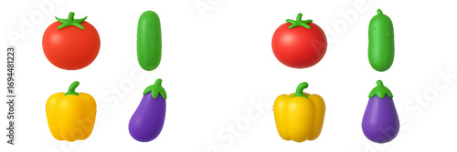 Colorful assortment of fresh garden vegetables like tomatoes, cucumbers, bell peppers, and eggplants on a clean background