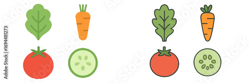 Set of vegetables including lettuce, carrot, tomato, and cucumber in flat and line art styles for healthy eating and nutrition concepts