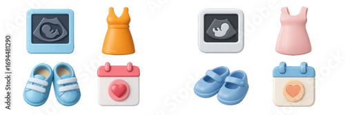 Set of 3D icons for pregnancy and baby shower with ultrasound scan, baby clothes, shoes, and calendar for due date