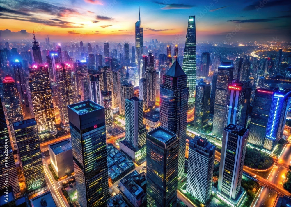 Aerial view of a futuristic cityscape with towering skyscrapers and neon lights at dusk