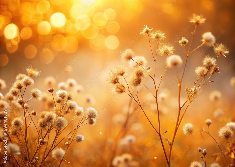 Obraz premium Dreamy warm autumn background with out of focus fluffy plants in hazy golden light