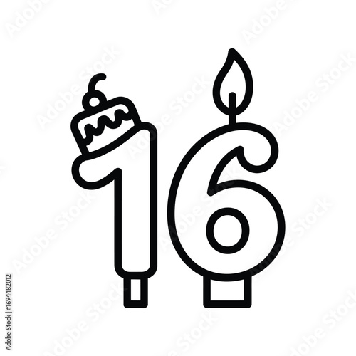 Black and white outline of number sixteen birthday candles