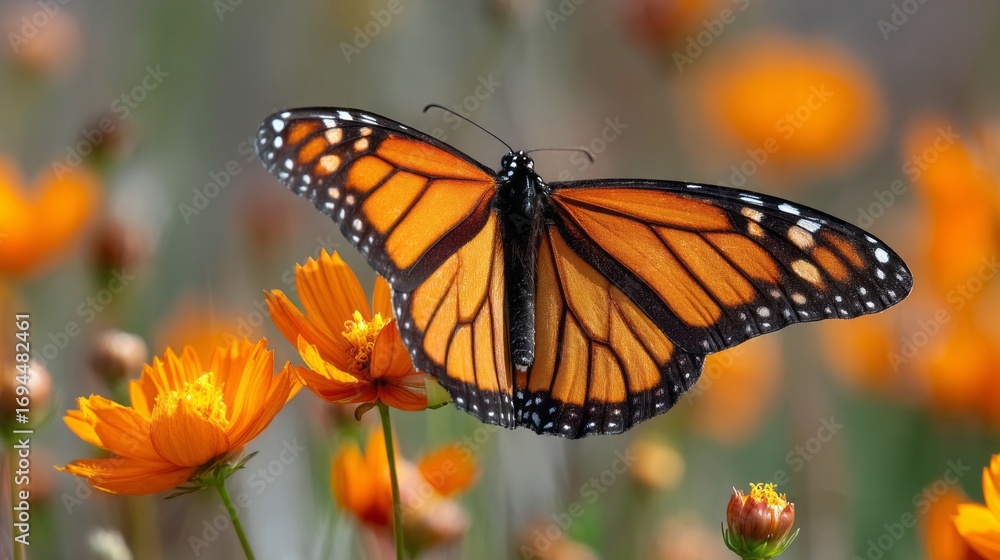 Naklejka premium Monarch butterfly gracefully resting on vibrant orange flowers in a sunny garden during springtime