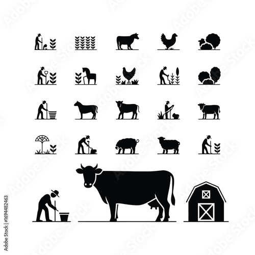 Farm animals and agricultural elements black and white vector icons collection for eps format silhouette vector white background