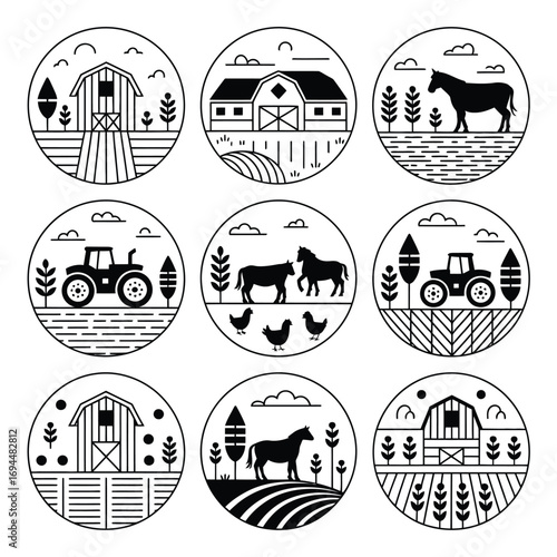 Collection of circular vector farm illustrations barns tractors horses cows and chickens silhouette vector white background