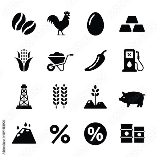 Vector graphics grid of agricultural and industrial icons scalable eps format silhouette vector white background
