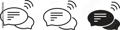 An icon of two overlapping speech bubbles with signal waves above them, symbolizing live communication, chat, or an active conversation. The icon is shown in outlined and solid black versions.