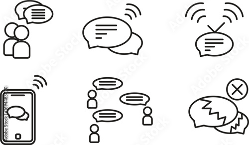 Chat and conversation icon set with people, speech bubbles, mobile messages, group discussion, and error message. Minimal line art style for social media, app, UI, and digital communication design.