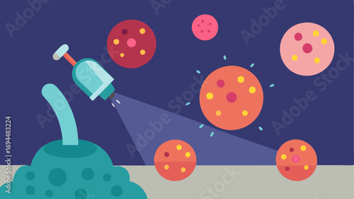 Cell Interaction An illustration showing skin cells under a microscope with some cells absorbing nanoparticles glowing to indicate successful absorption while others remain