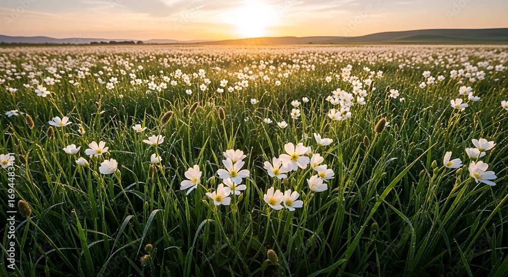 Fototapeta premium A field of white flowers and green grass under a bright sun in the distance at golden hour light