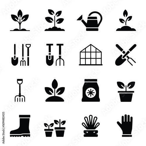 Gardening tools and plants vector icon set for agricultural and horticultural projects silhouette vector white background