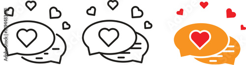 Love chat icons with speech bubbles and hearts in outline, solid, and color style. Perfect for dating apps, romantic messages, social media likes, and digital communication design projects.