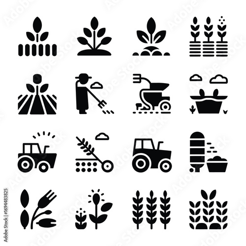 Set of 16 agricultural icons vector graphics scalable for farming and agriculture silhouette vector white background
