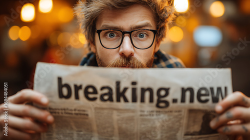 Hot off the press! A man reading headline front page breaking news on the latst happening stories in a ewspaper. Concept on attenion grabbing, sensational,urgent or important news o informa 22487502 1