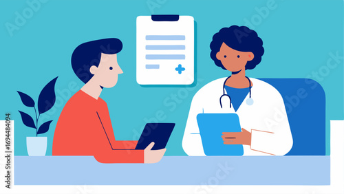 Doctors Office A healthcare professional dictating notes into a tablet while sitting with a patient. The screen shows a transcription of their conversation.