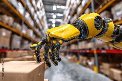 Robot arm picking up box in a modern warehouse filled with stacked goods and equipment