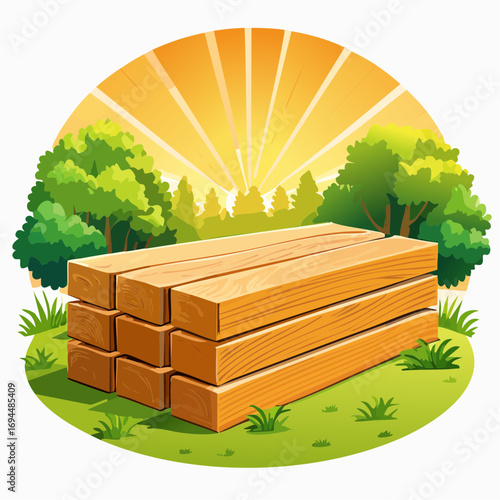 Wooden Lumber Stack in Sunny Meadow Landscape
