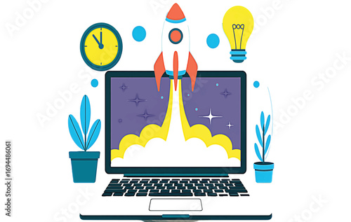 Creative startup business concept with a rocket launching from a laptop screen for a new project
