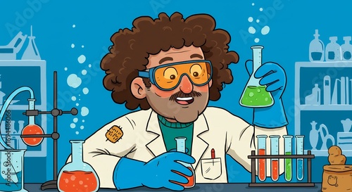 Scientist in laboratory with beakers and test tubes cartoon illustration