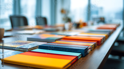 Printed product catalogs and marketing materials laid out on a conference table, Brand Identity, Building brand presence through tangible media 93295712 1