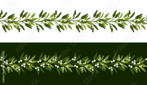 Christmas border with mistletoe branches and berries. Seamless pattern with winter floral. Elegant vector holiday decor