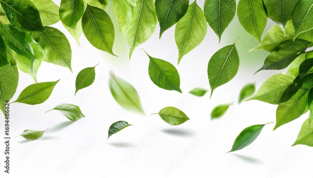 Fototapeta premium falling leaves and green foliage on white background