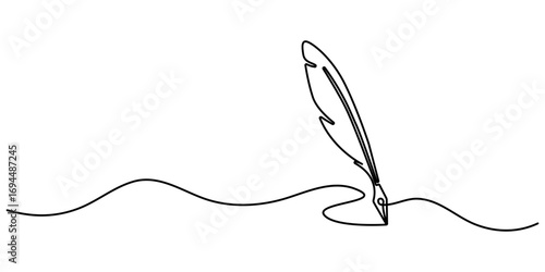 Minimalist continuous one line drawing of an ink bottle and quill pen. One line drawing of quill pen. single line vector illustration. isolated white background. Vector illustration, Pro Editable 