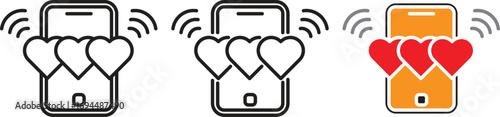 Mobile phone love message icons with hearts and wireless signals in outline, solid, and color style. Perfect for social media likes, online dating, chat apps, and digital communication design.