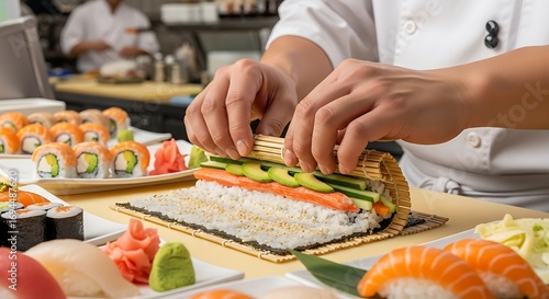 Chef preparing sushi rolls with bamboo mat in a restaurant