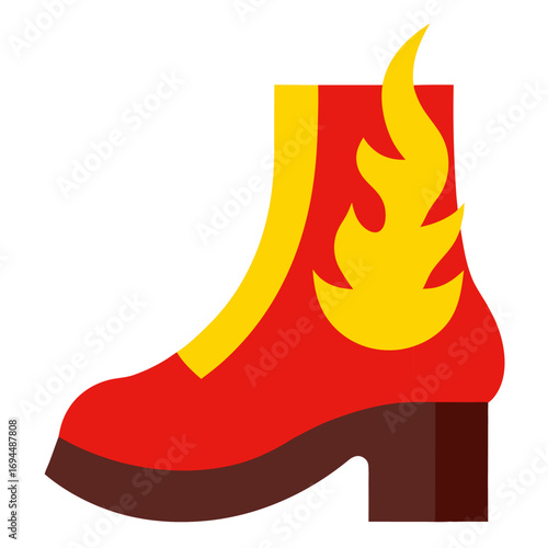 Fiery red platform boot with yellow flame vector on white background.