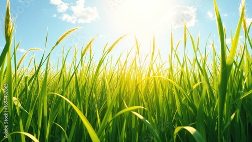Sunlit green grass field with clear blue sky and sunlight