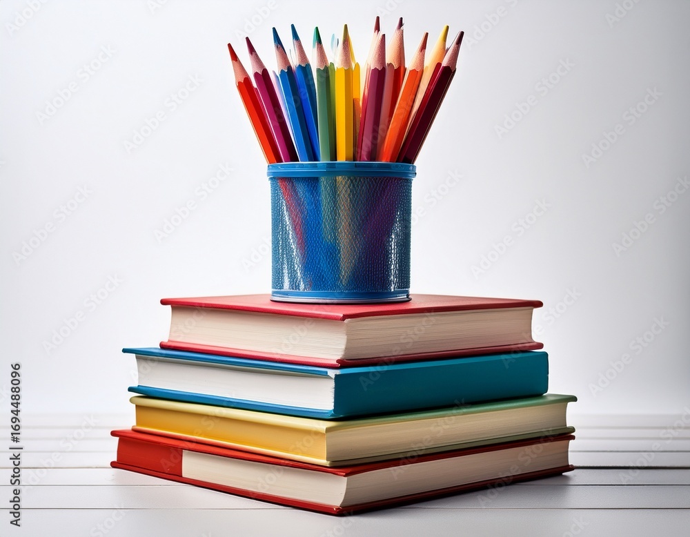 Fototapeta premium crayon or colored pencils in box laying on a stack of books knowledge and education concept on white background