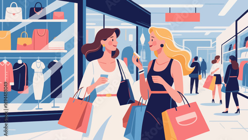 Fashionable beauty, shopping and strolling, flat design, hand-drawn vector illustrations