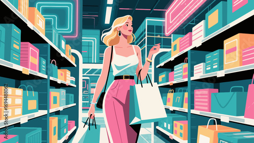 Fashionable beauty, shopping and strolling, flat design, hand-drawn vector illustrations