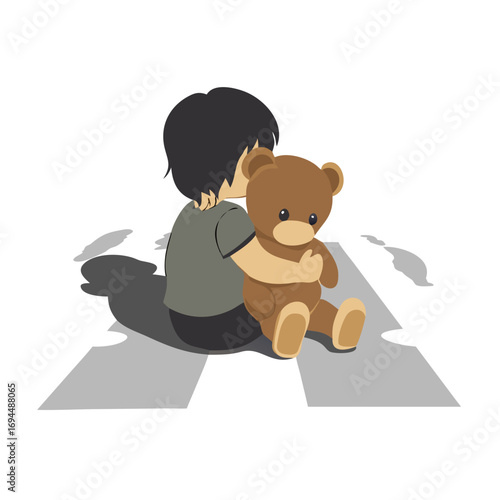 Vector art of sad child hugging teddy bear illustration