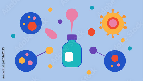 Exosome Molecules Stylized exosome structures as colorful interconnected blobs emanating energy towards a bottle of skincare product illustrating their effectiveness against