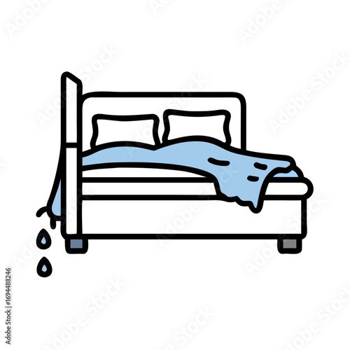 Vector art of bedwetting icon, bed with wet sheet and drops