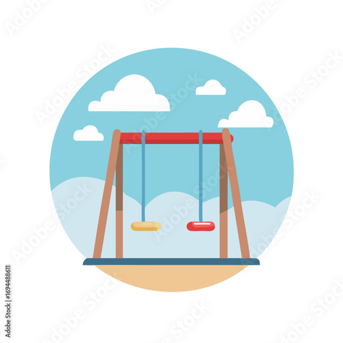 Vector art of swing set in a playground with clouds and blue sky illustration